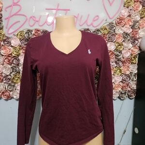 Ralph Lauren Women's Burgundy V-Neck Long Sleeve Top with Pony Logo